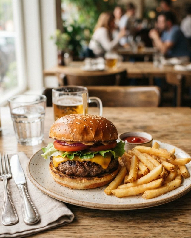 Cheeseburger with melted cheddar and fries on a plate