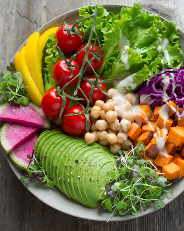 Colorful bowl with crispy chickpeas and fresh vegetables