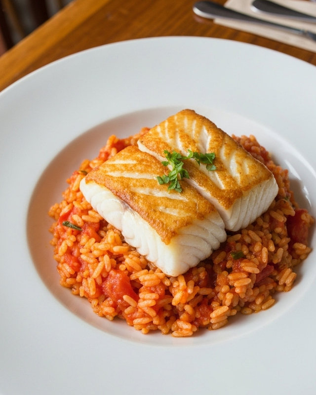 Cod fillet on tomato rice