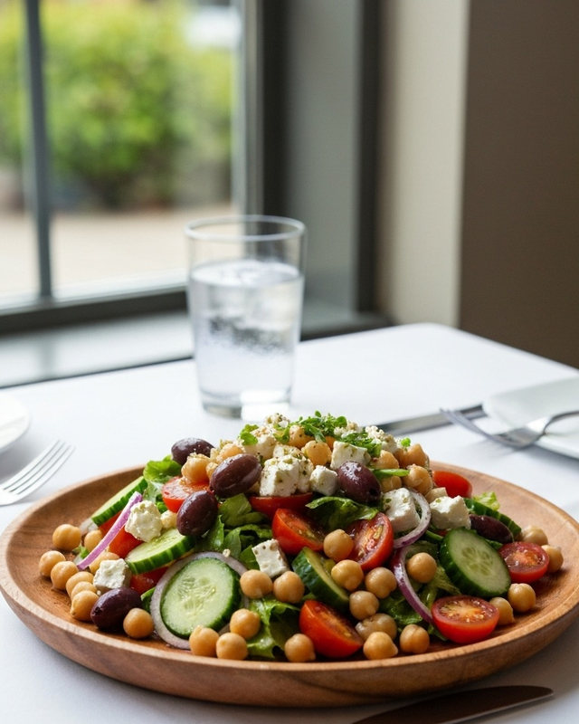 Salad with chickpeas, cucumber, tomato, olives and feta