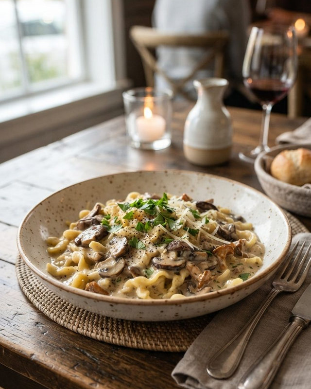Spaetzle noodles in a creamy mushroom sauce on a plate