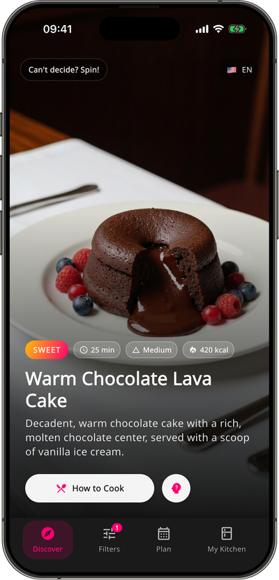 SomeYum Discover screen: a dish card with cook time and calories, ready to swipe